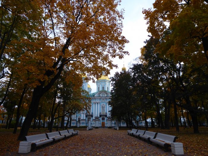 Nikolskii Naval Cathedral seen from the entrance of the garden